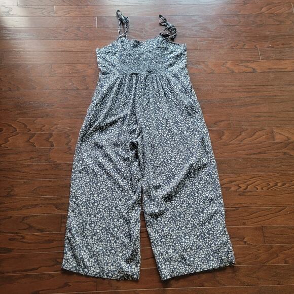 Old Navy Pants - Old Navy Linen Womens XXL Blend Strap Tie Wide Leg Floral Jumpsuit Blue White